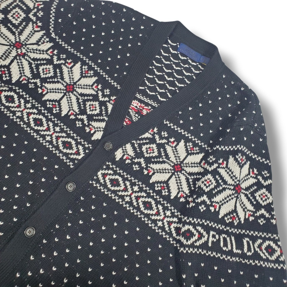 Polo Ralph Lauren Snowflake Cotton Cashmere Cardigan Mens XL Navy Blue Nordic
